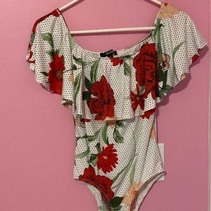 White Bodysuit with Flowers and Black Dots